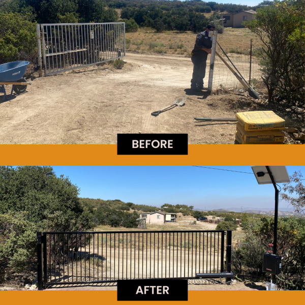 Two images showing the transformation of a solar powered entrance gate in San Diego County