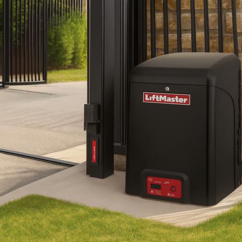 A black LiftMaster commercial gate operator installed beside a sliding metal gate, positioned on a concrete pad near a landscaped lawn.