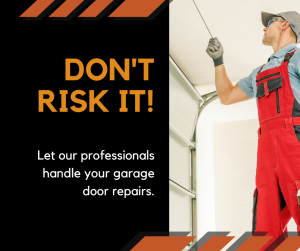 man in a grey shirt and red overalls working on a garage door in southern california. 