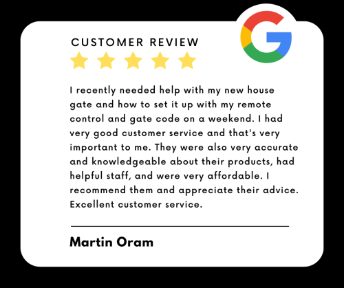 An image showing a customer review for A Garage Door And Gate Store. It is a five-star review with a five-star rating.
