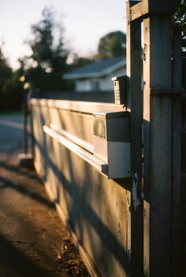 Sliding automatic driveway gate with a mounted motor unit and keypad entry on a metal post.