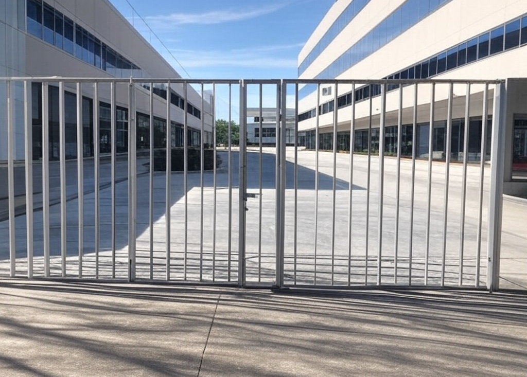 A modern commercial security gate made of vertical metal bars, positioned at the entrance of a corporate or industrial complex. The gate is closed, restricting access to a concrete-paved area surrounded by large office buildings with reflective windows. The scene is well-lit with clear skies, and shadows from the gate are cast on the pavement.