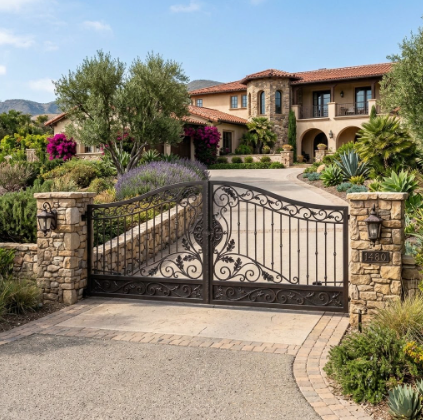 Ornate wrought-iron driveway gate opening to a Mediterranean-style luxury home surrounded by stone pillars, olive trees, flowering shrubs, and desert landscaping.