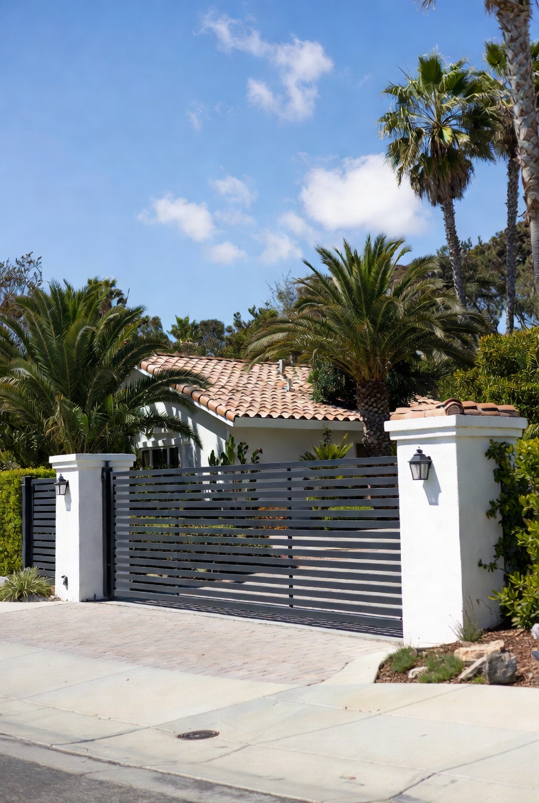 Modern gray driveway gate between white pillars leading to a stucco home with a clay tile roof, surrounded by palm trees and lush tropical landscaping.