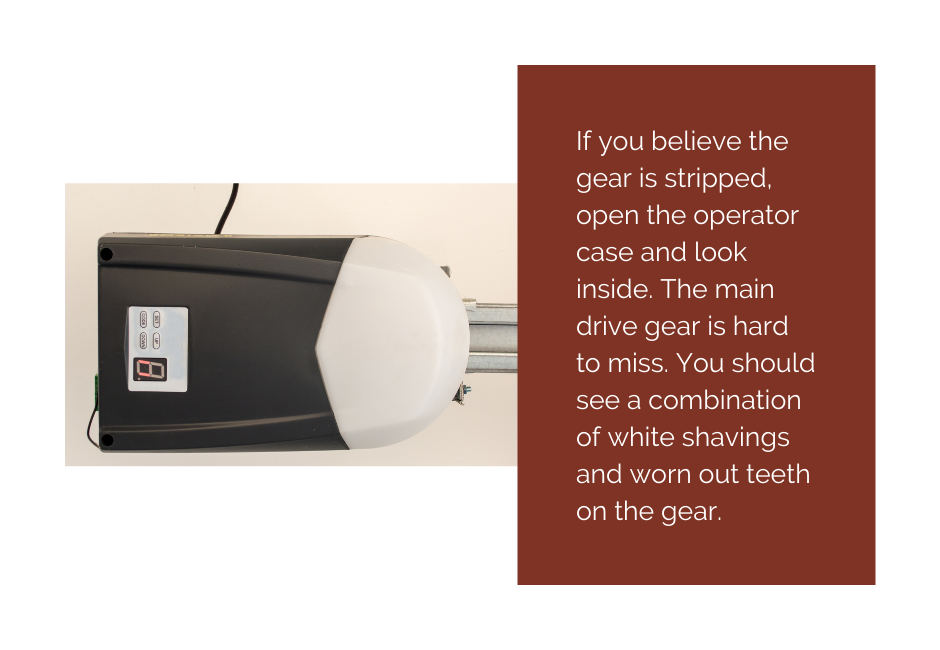 Garage door opener mounted on a ceiling with an adjoining text box. The text provides advice on how to inspect the opener for a stripped gear by looking for white shavings and worn-out teeth inside the operator case.