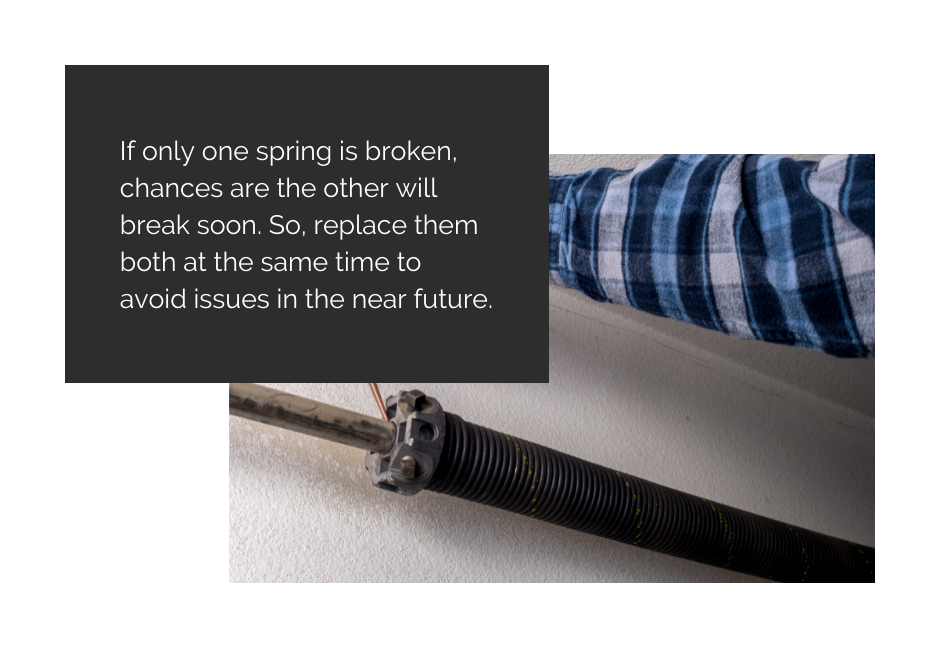 Garage door torsion spring with text advising that if one spring is broken, it's best to replace both at the same time to prevent future issues. Precision Garage Door.