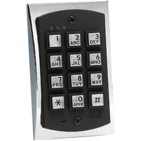 Silver and black wall-mounted access control keypad with 12 raised buttons featuring numbers 0–9, letters, star, and pound symbols.