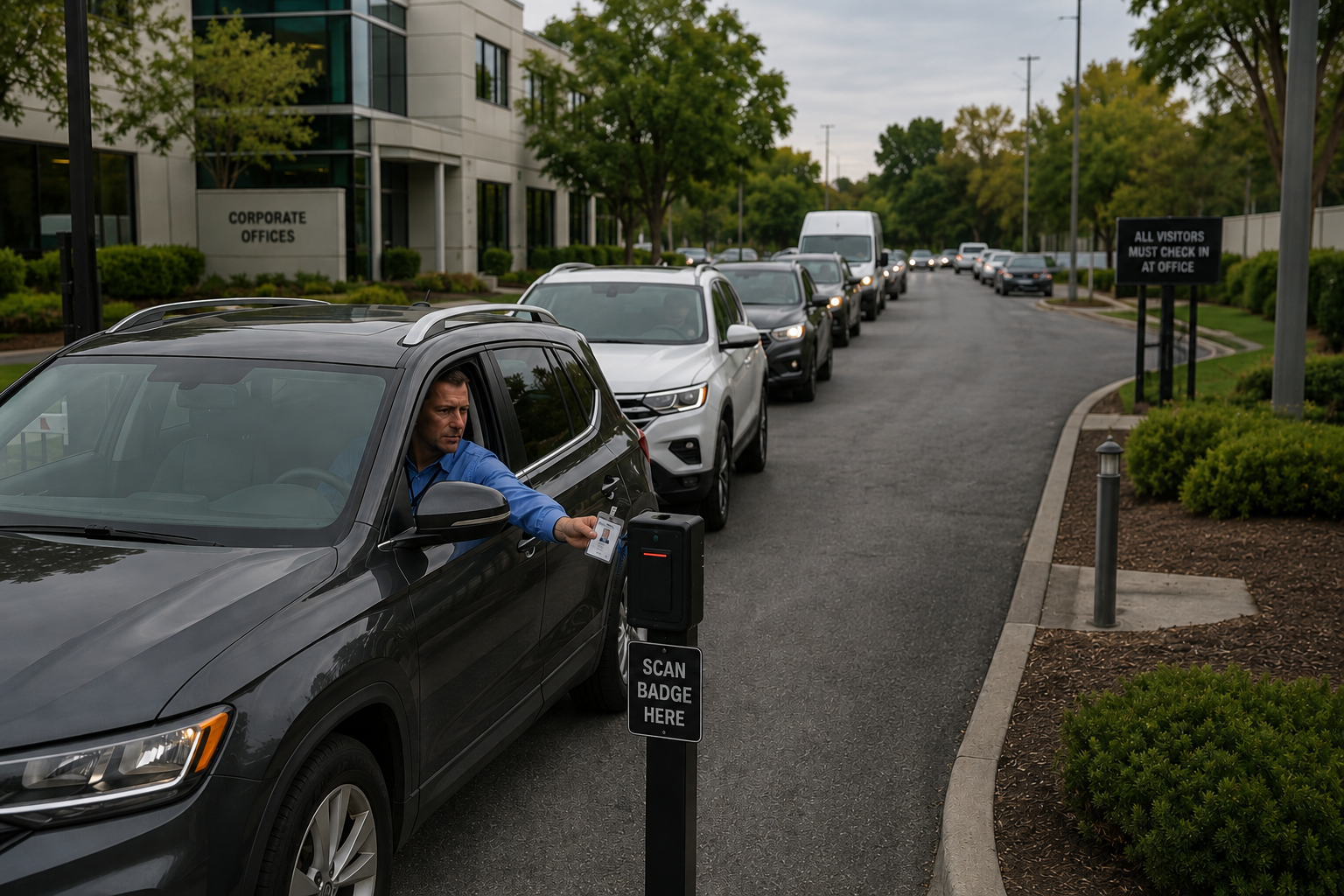 A man in a dark SUV extends his employee badge toward a roadside scanner as a line of vehicles waits to enter a corporate office complex. Signs read “Scan Badge Here” and “All Visitors Must Check In at Office.”