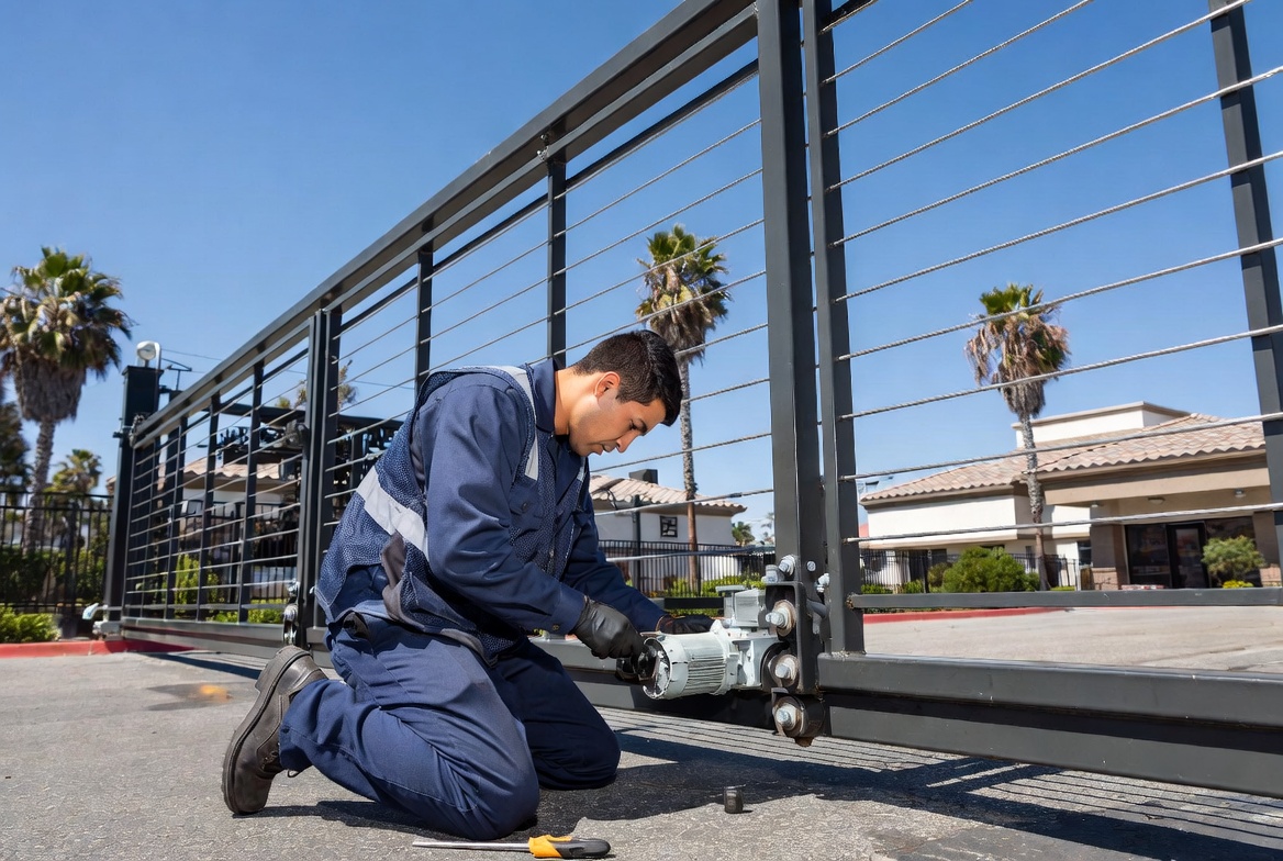 Maintenance technician in a navy uniform kneels on the pavement, repairing the motor and rollers of a commercial metal sliding gate.