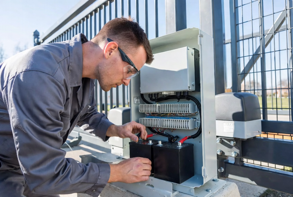 Technician in safety glasses servicing backup batteries inside a commercial gate operator control cabinet