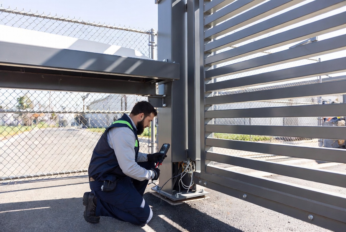 Technician kneeling beside a commercial sliding gate post, using a multimeter to test wiring at the base of the gate