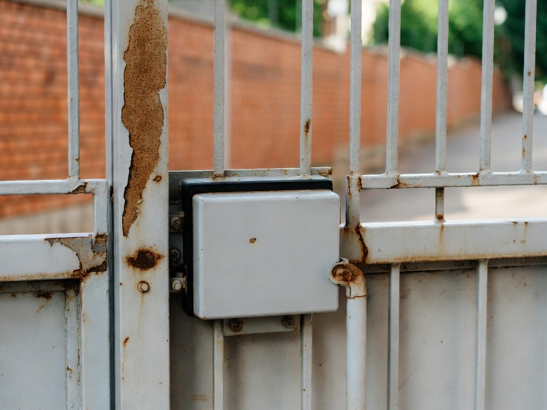 Rusted white metal automatic gate with a control box mounted on the frame. Close view of peeling paint and corrosion on the gate near the latch area, showing wear that may require repair or replace automatic gate service.
