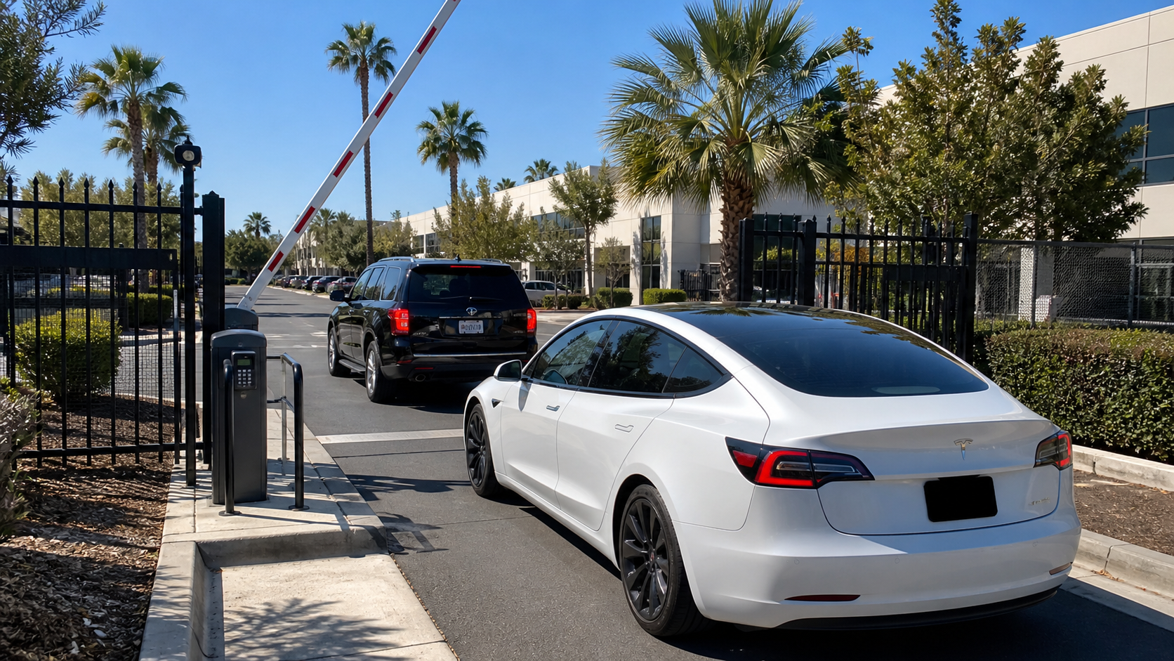 A white Tesla sedan waits behind a black SUV at a raised security gate outside a landscaped office complex in San Diego County, California