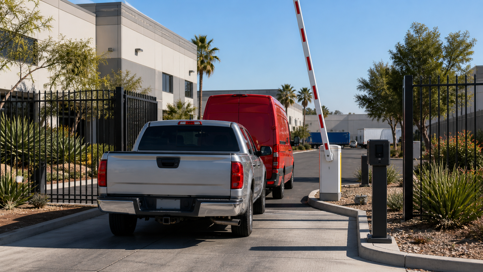 A silver pickup truck tailgates a red van through a raised security gate outside an industrial office complex in San Diego, CA.